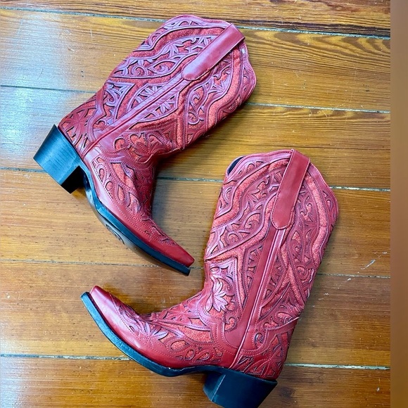 NEW JB DILLON RESERVE Darling Red Glitter Inlay Leather Snip Toe Boot GIFTABLE-8 - Picture 15 of 15